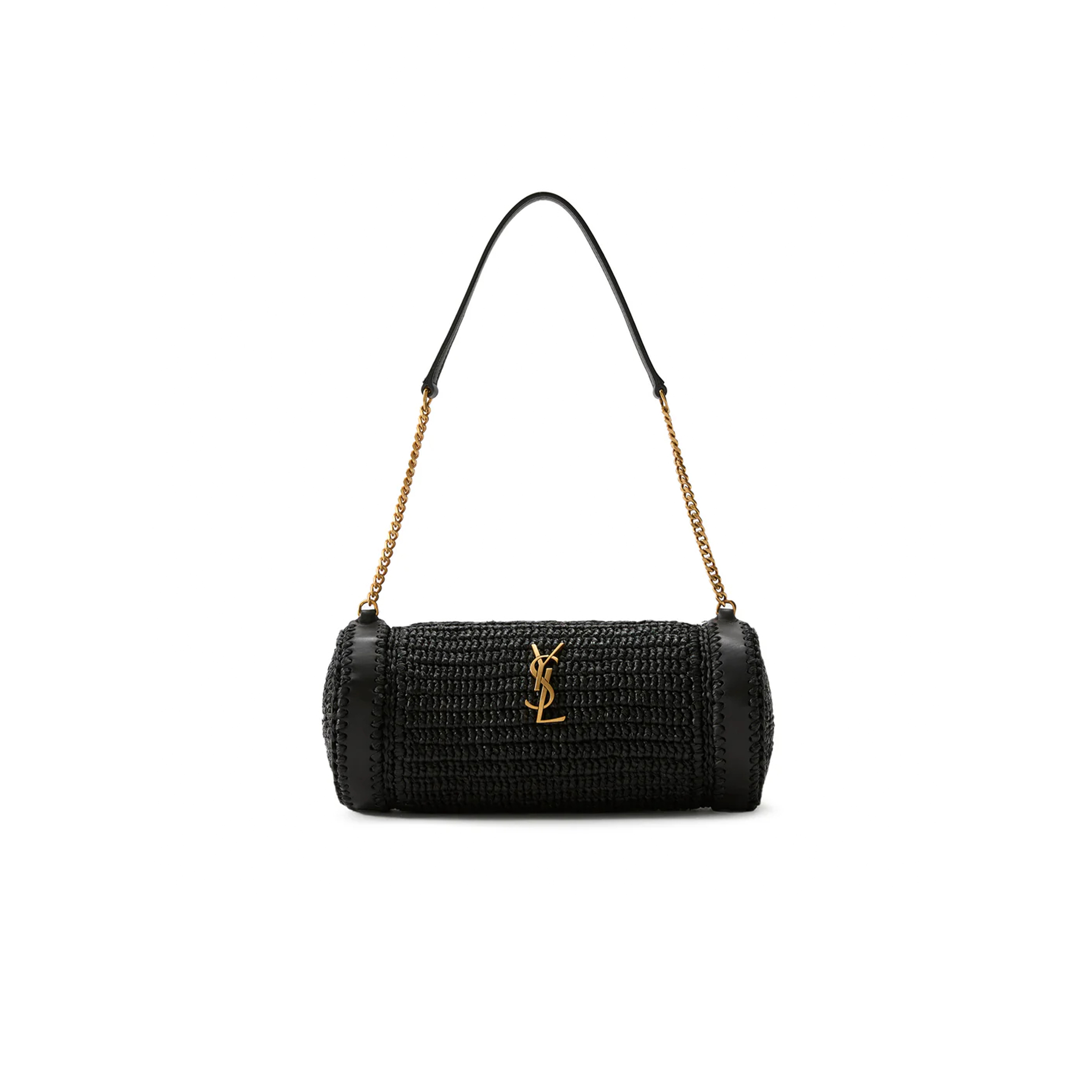 YSL CASSANDRE SMALL CYLINDRIC BAG IN RAFFIA AND VEGETABLE-TANNED LEATHER 1164570 (30*12*10cm)
